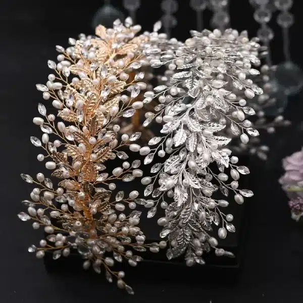 Elegant gold or silver pearl crystal wedding hair accessories headband by Braidani, featuring stunning pearls and crystals, perfect for bridal hairstyles.