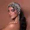Second model view of Braidani gold pearl crystal wedding hair accessories headband, highlighting its elegant design and suitability for bridal hairstyles.