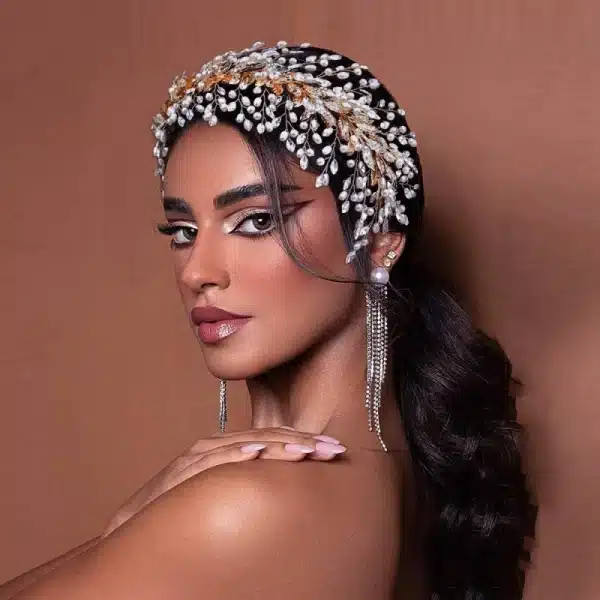 Second model view of Braidani gold pearl crystal wedding hair accessories headband, highlighting its elegant design and suitability for bridal hairstyles.