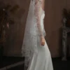 Braidani long floral lace wedding veil side view on bride